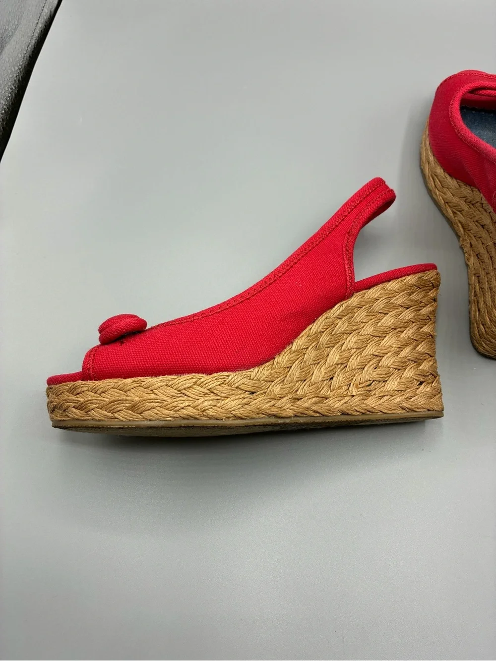 Y2K SUGAR red Canvas Peep-Toe Slingback Wedge Sandals